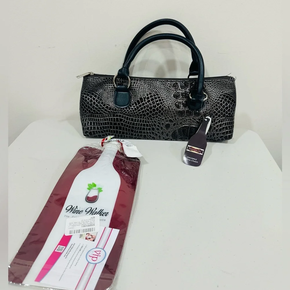 NWTInsulated Wine Clutch Purse Primeware Thermal Zip Bag BrownCroc & Corkscrew‎